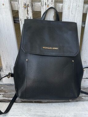 Michael Kors Hayes Medium Black Pebbled Leather Backpack with Gold Logo